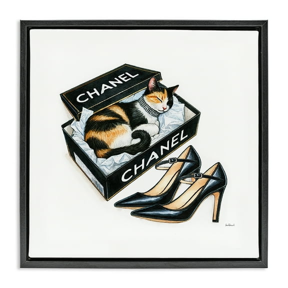 Stupell Industries Cat Sleeping Heels Box Animals Painting Black Floater Framed Canvas Art Print Wall Art, 18 x 18