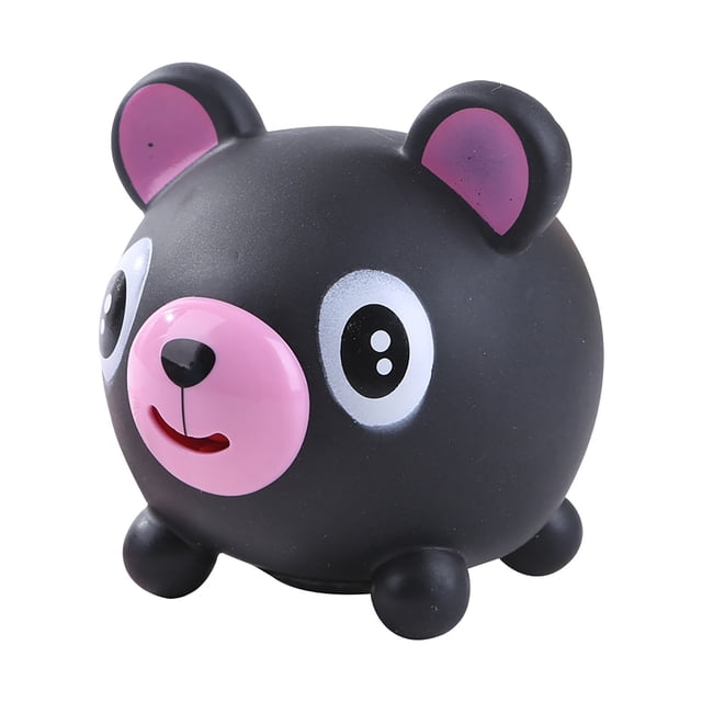 mini juguetes para aliviar el estrés, juego de presión de voz, juguetes para niños y adultos wmkox8yii shdjk5704 oso antiestrés portátil negro con nariz y orejas rosadas, ojos blancos pintados y cuatro patas redondeadas, superficie de plástico blando; vista frontal 3/4 sobre fondo blanco, aprox. 6.5 x 8.5 x 4.5 cm, adecuado para apretar y estirar como juguete sensorial para mejorar la concentración.