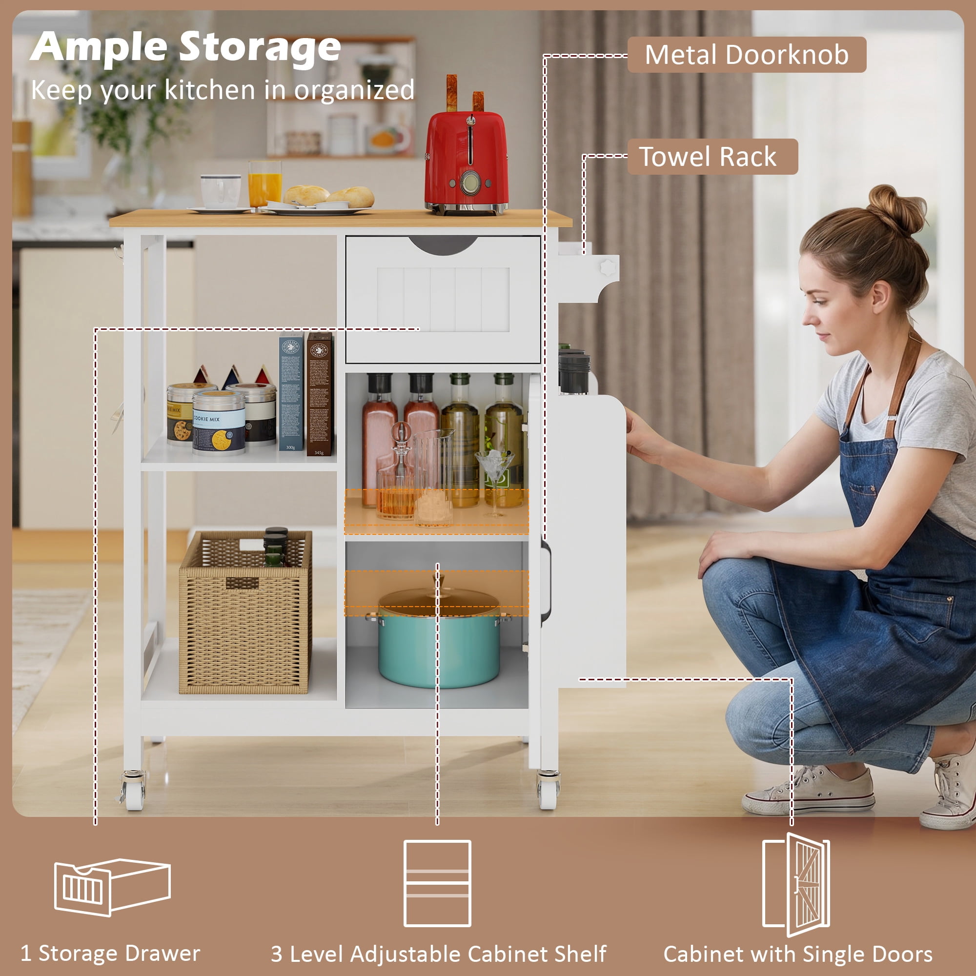 Kitchen Island Cart 33.86 Inch, Rolling Utility Table with Storage Cabinet and Spice Rack, Mobile Kitchen Organizer for Dining Room and Small Spaces, White