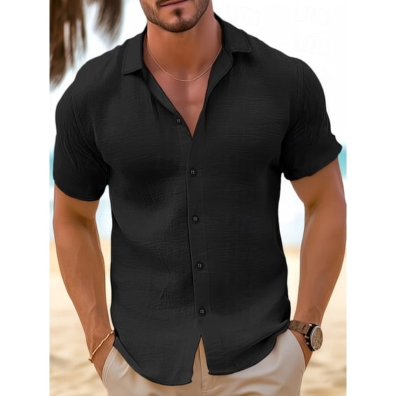 Mens Casual Shirts Short Sleeve Button Down Shirts Fashion Textured Summer Beach Shirt Black XL