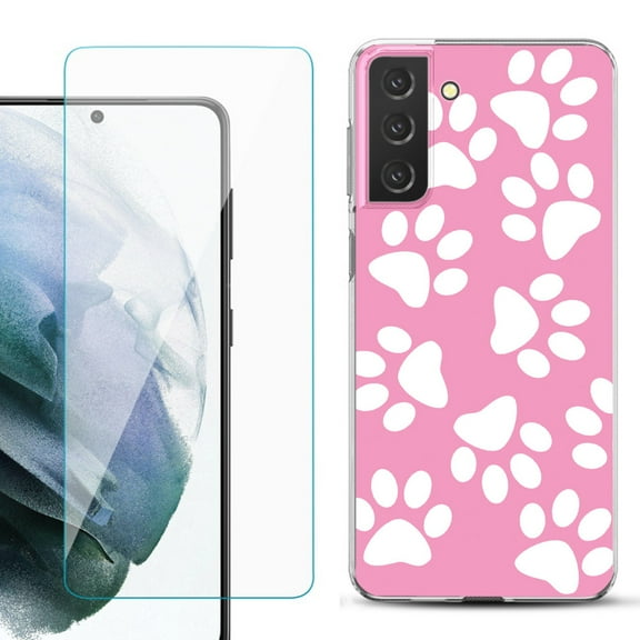 Slim-Fit TPU Fashion Phone Case for Samsung Galaxy S21 FE 5G Fan Edition, with Tempered Glass Screen Protector, by OneToughShield ® - Pet Paw/ Pink