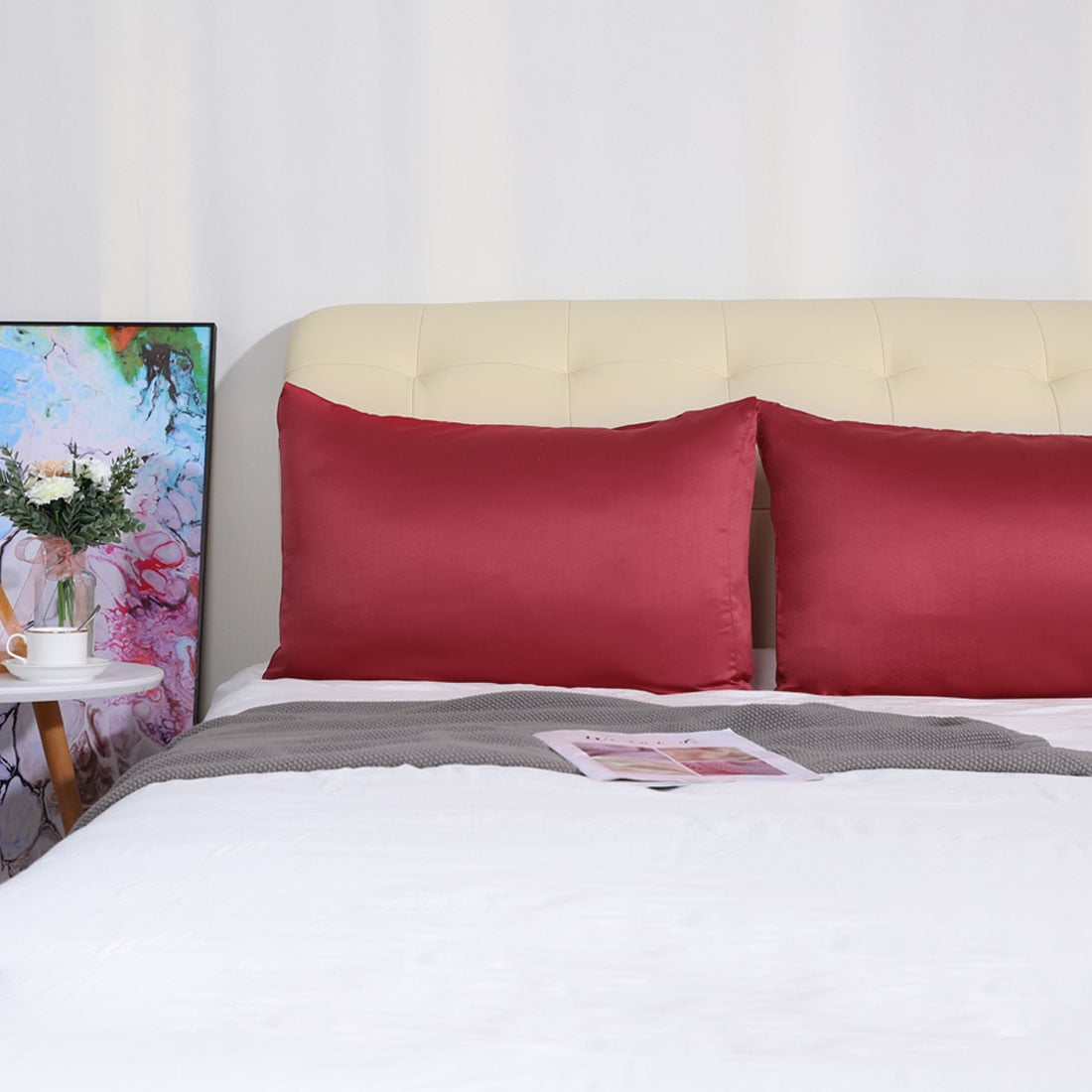 Unique Bargains Silky Satin Pillow Cases Covers Set of 2 Burgundy King