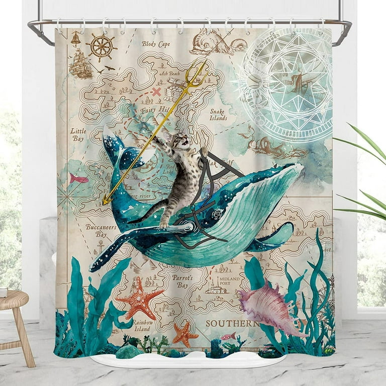 Sonernt Funny Cat Shower Curtain Whale Nautical Map Shower Curtains Green  Sea Beach Theme Ocean Creature Landscape for Bathroom Decor 72x72inch 12  Hooks Included 