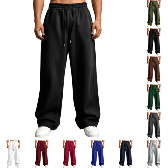 Mens Sweatpants Trendy Casual Wide Leg Elastic Waist Drawstring Sweatpants Loose Fit Lightweight Comfy Lounge Travel Sweat Pants Black XL