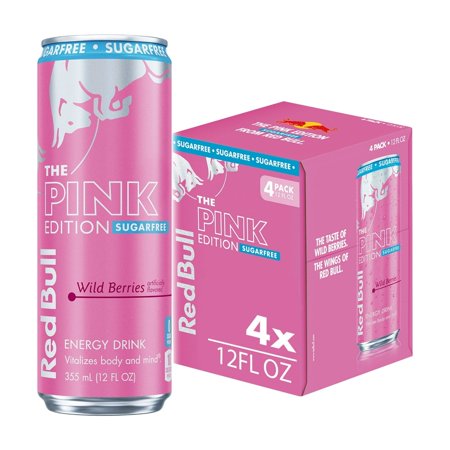 Red Bull Pink Edition Sugar Free Energy Drink, Wild Berries, 12 fl. oz., Pack of 4 cans, with 80mg Caffeine, Taurine & B Vitamins