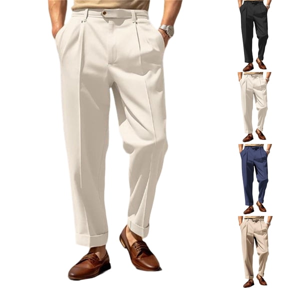 Dwellite Dress Pants for Mens Slim Fit Classic Elastic Waist Straight Leg Business Casual Slacks Khaki M
