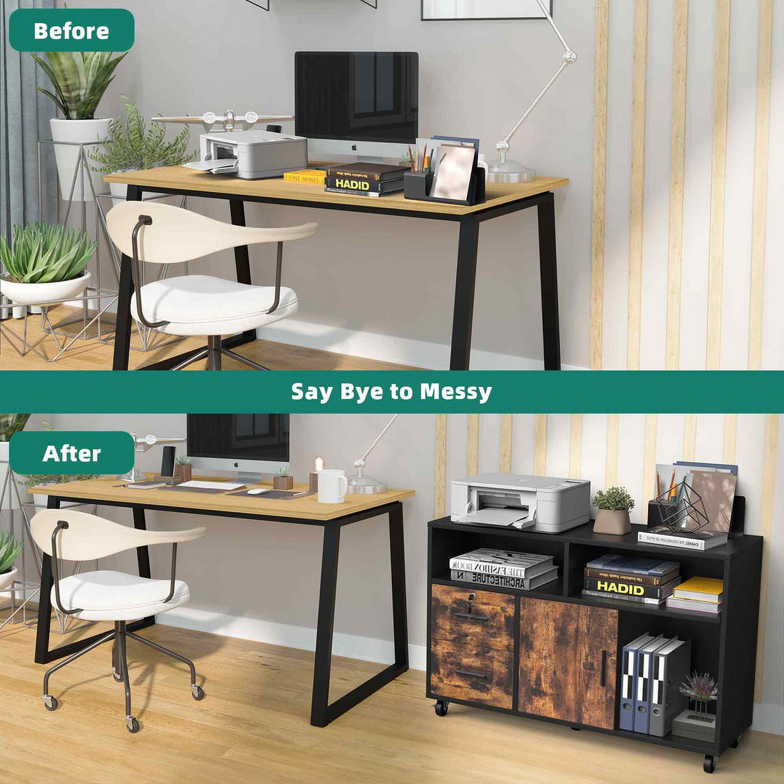 Dextrus 2 Drawer Wood File Cabinet, Mobile Lateral Filing Cabinet with Lock, Printer Stand with Open Storage Shelves for Home Office,Black & Rustic Brown