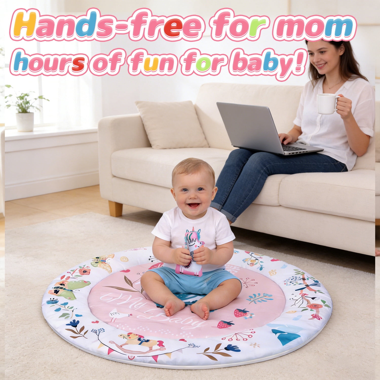 JoyStone Baby Gym Play Mat Activity Mat with 6 Detachable Toys, Round Tummy Time Play Mat for Newborns & Infants 0–12 Months