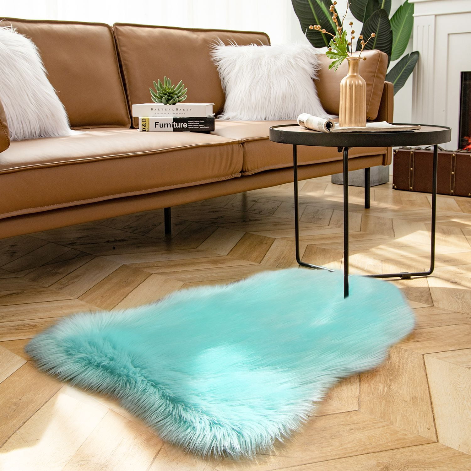 Phantoscope Faux Fur Area Rug, Fluffy Turquoise Shag Carpet, Ultra Soft Machine Washable Indoor Area Rug, 2' x 3', Irregular Sheepskin Shape for Living Room, Bedroom, Nursery & Kids Room