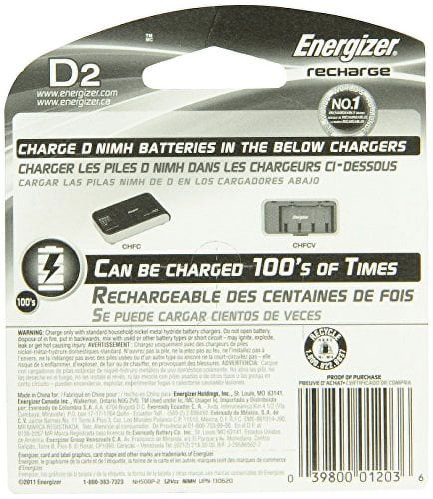 Energizer Rechargeable D Batteries, NiMH, 2500 mAh, 2 count