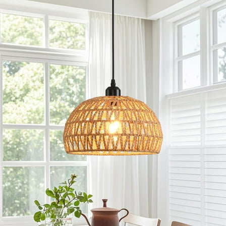 Rattan Pendant Light Fixture,Boho Pendant Light for Kitchen Island,Rustic Farmhouse Chandelier Light Fixture,Woven Hanging Lamp Fixture for Dining Room Bedroom Hallway Foyer Nursery Kitchen,E26 Base