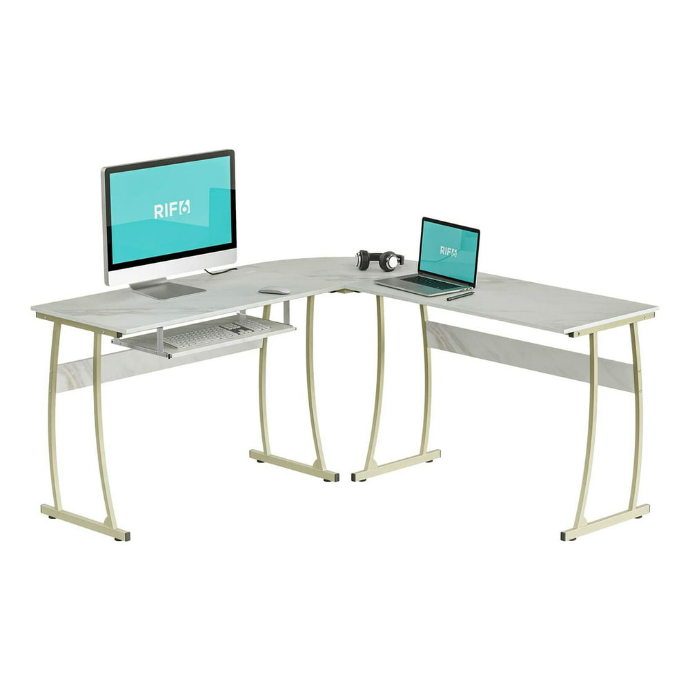 RIF6 L Shaped Modern Computer Home Office Desk w/ Keyboard Tray, White ...