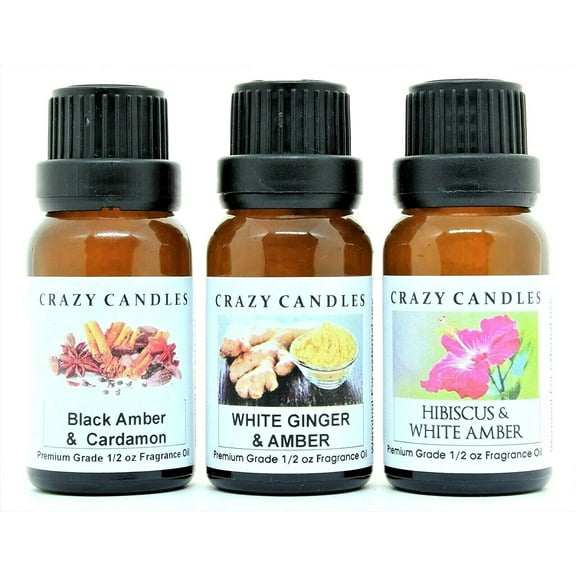 Crazy Candles 3 Bottles Set, 1 Black Amber & Cardamon, 1 White Ginger & Amber, 1 Hibiscus & White Amber 1/2 Fl Oz Each (15ml) Premium Grade Scented Fragrance Oils