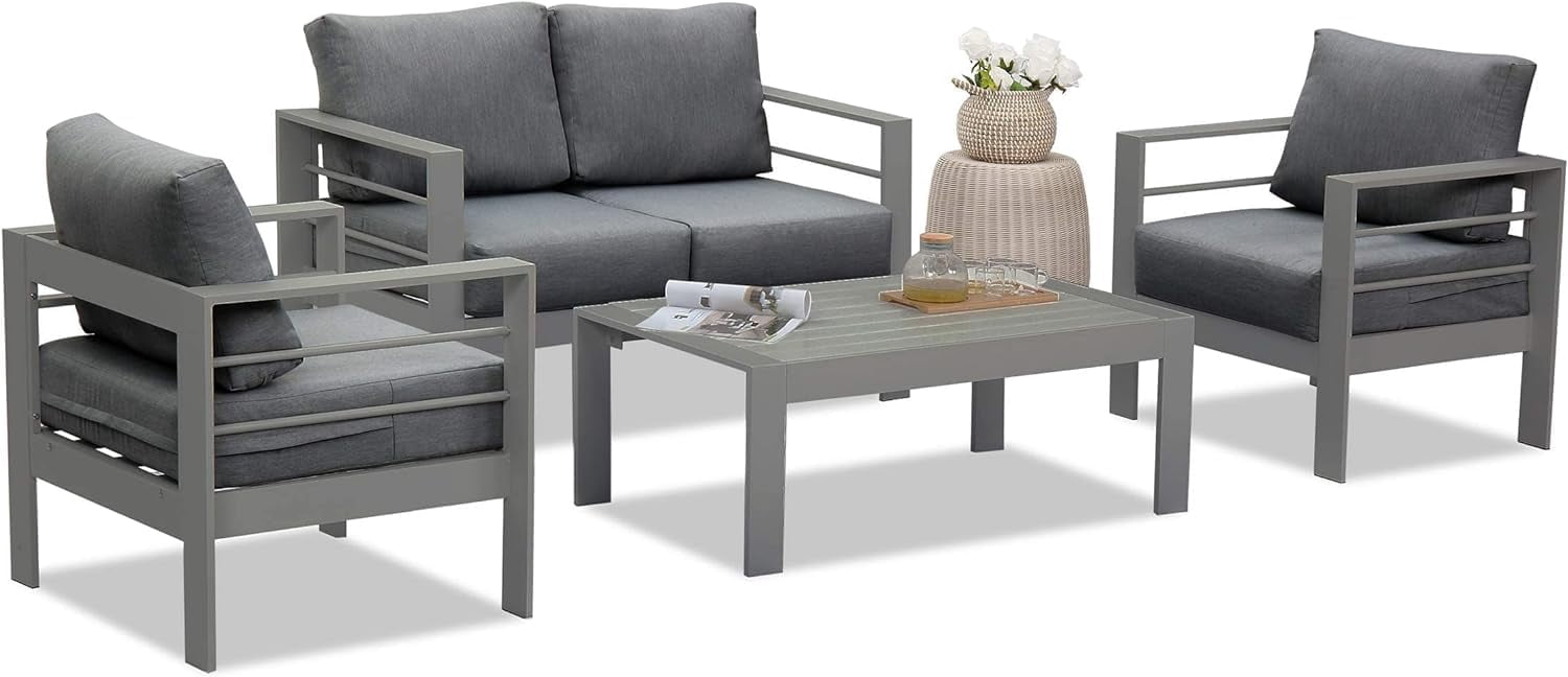 RoyalCraft 4 Piece Aluminum Sectional Outdoor Conversation Sets with Sofa and Table, Grey/Grey
