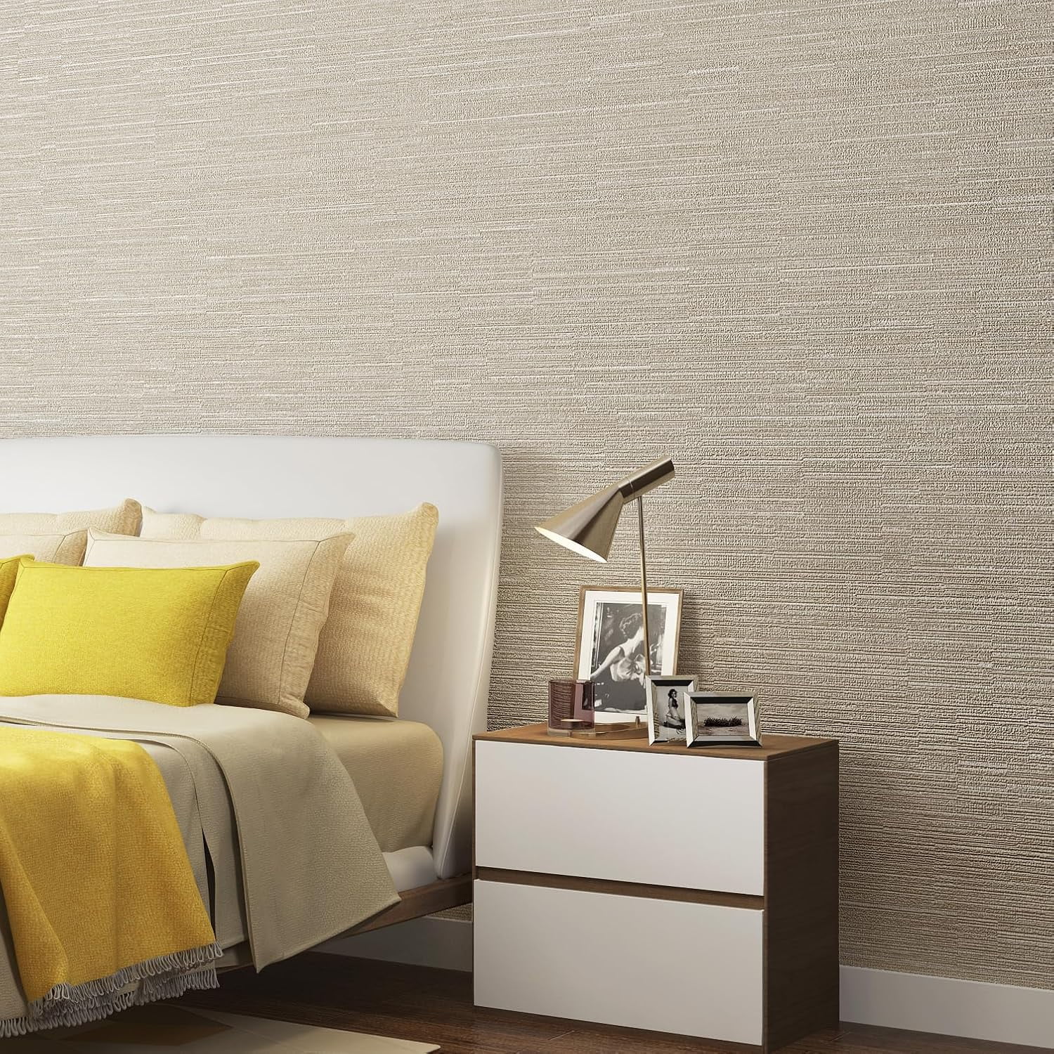 Grasscloth Wallpaper Peel and Stick 20.9in X 393in Fabric Contact Paper Wall Paper Textured Wallpaper Vertical Stripes Look Self-Adhesive Thick Vinyl Embossed (Light Yellow)