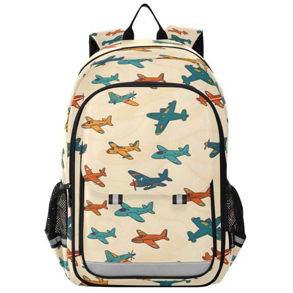 FORMRS Kids Backpack for School Unisex 17" Casual Bookbag Travel Daypack with Compartment Pockets, Brown Cartoon Planes Pattern