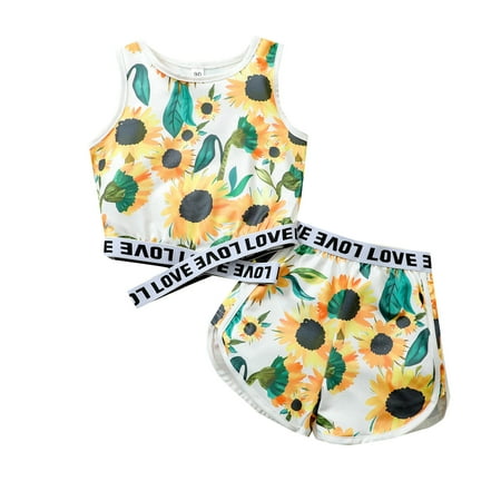 

ZMHEGW Toddler Outfits For Girl Kids Clothes Casual Floral Sunflower Sleeveless Top Floral Shorts 2Pcs Set