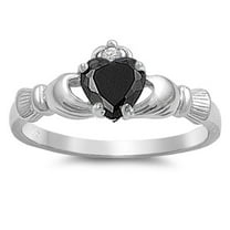 CHOOSE YOUR COLOR Black Cubic Zirconia Elegant Claddagh Ring .925 Sterling Silver Band Female Size 7