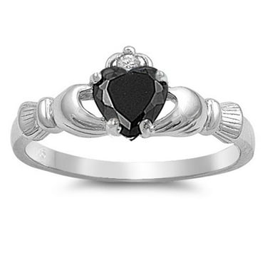 CHOOSE YOUR COLOR Black CZ Elegant Claddagh Ring .925 Sterling Silver Band Female Size 12