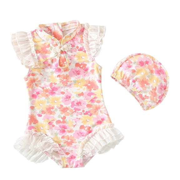 Glisme Bathing Suits For Girls 2Pcs Chinese Qipao Swimsuit With Hat Flutter Sleeve Chiffon Swimwear For Baby Toddler Summer Beach Swimming Outfit Size 2-3 Years
