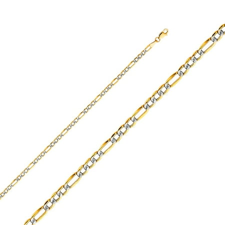 Gold Pave Diamond Bracelet - Solid 14k Two Tone Italian Gold Figaro Links 3.5mm Chain White Pave Diamond Cut Hollow Bracelet 7 Inches