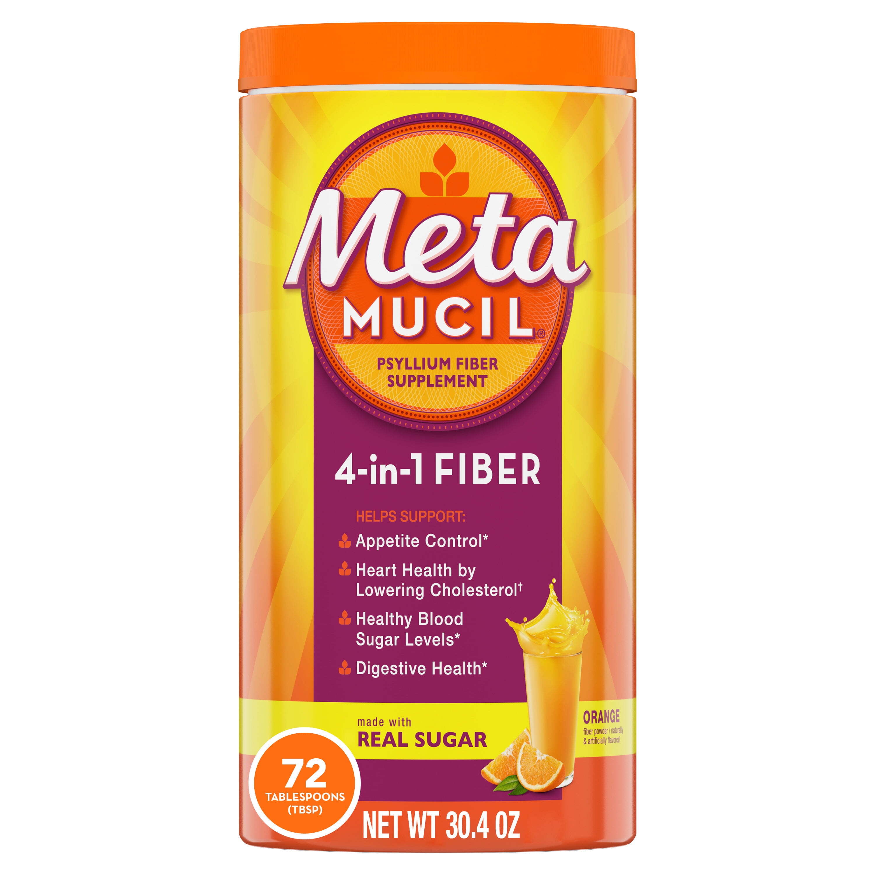 Metamucil Psyllium Fiber Supplement Powder, Sugar, Orange, 72 tbsp