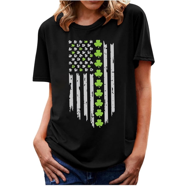 Bowake T-Shirt de la Saint-Patrick pour Femmes, Manches Courtes Vertes, Col Rond, T-Shirt Graphique Trèfle, Blouse