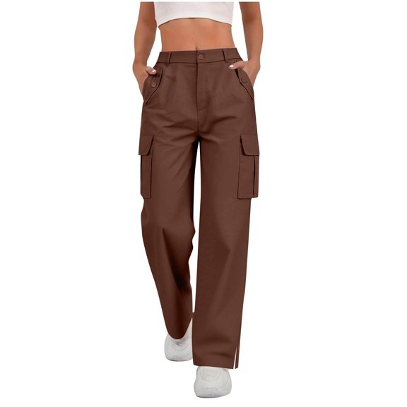 Cargo Pants for Women High Waisted Casual Sweat Pants Straight Leg Stretchy Wide Leg Split Hem Pants with Pockets