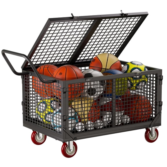 YOHKOH Rolling Sports Ball Storage Cart, Lockable Wheeled Steel Ball Holder, Basketball Organizer with Fine Mesh, Stage Gear Carrier for Gym, School, Garage & Outdoor