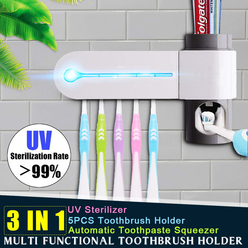 Automatic Toothpaste Dispenser+5 Toothbrush Holders Sterilizer Stand Wall Mounte 