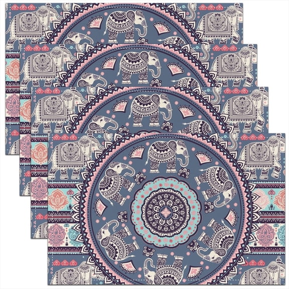 Erosebridal Animal Elephant Placemats Set of 4 12"x18",Boho Mandala Table Mats for Dining Table Set of 4,Bohemian Room Decorative