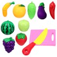 thumbnail image 1 of KAKOWELY 1 juego de juguetes de plástico para fiestas de cumpleaños, juguetes para cortar comida de imitación para niñas (juego de cortar frutas y verduras, colores surtidos), 1 of 5