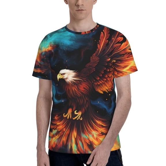 Men's 3D Graphic T-Shirts Short Sleeve Crewneck Tee, Eagle Fire Starry Flaming
