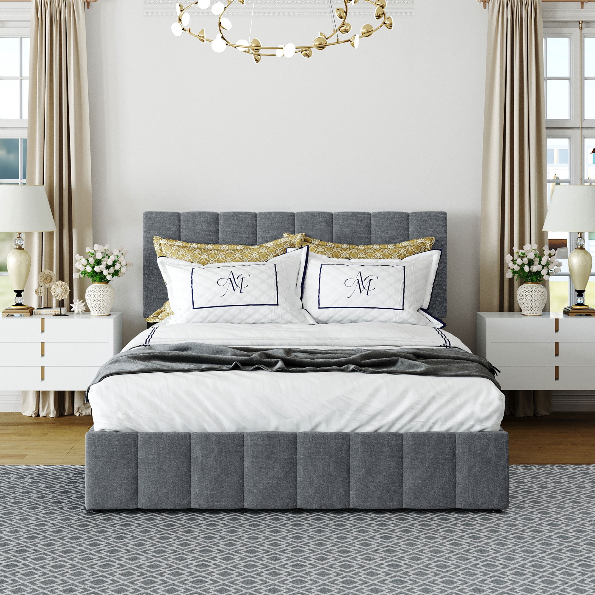 Queen Upholstered Platform Bed 83.5 Inch, Hydraulic Storage System Bed Frame with Linen Fabric Headboard, No Box Spring Needed, Gray