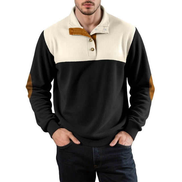 pstuiky camisas de manga larga para hombre, Chaqueta informal de color liso con botones y cuello alto para hombre, elegante sudadera con capucha y bloques de color camisetas de hombre xl