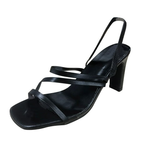 HSMQHJWE Square Heels For Women Square Toe Heeled Sandals Dressy Summer High Heels Ankle Strap Wedding Dress Shoes Black 10)