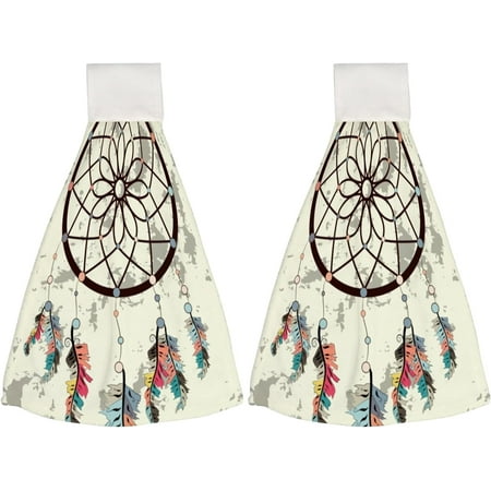 

2 Pcs Hanging Towels Dish Towels Feathers and Beads Doodle Absorbent Hand Towels with Hanging Loop Washcloth for Bathroom Kitchen