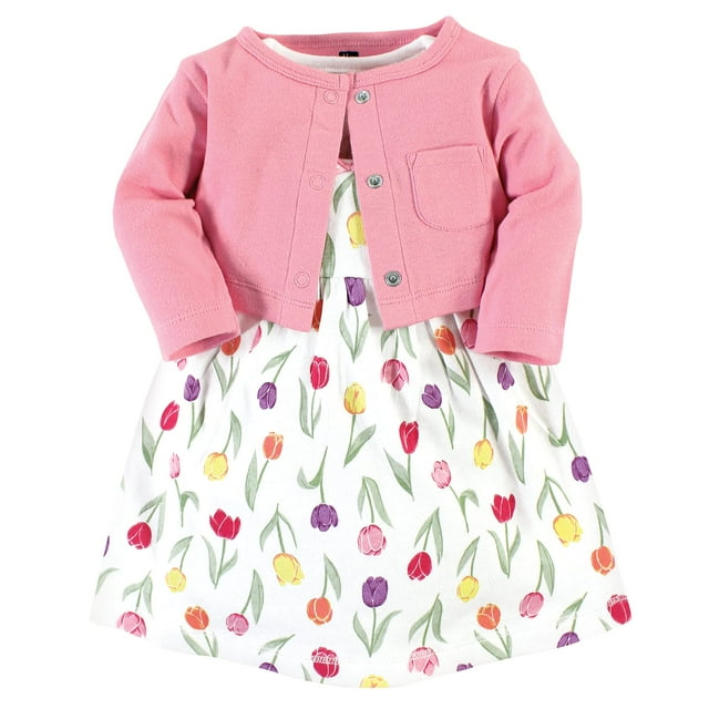 Hudson Baby Conjunto De Vestido Y Cárdigan De Algodón Para Niña Primavera Tulipanes 0-3 Meses