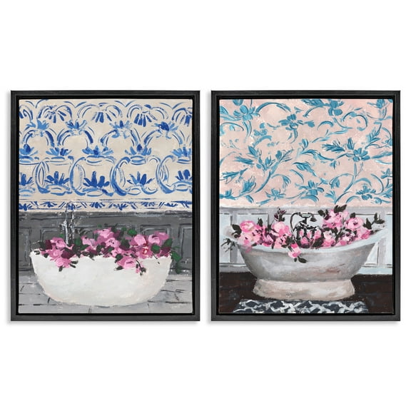 Stupell Industries Flowers In Bath Tub Interior Design Botanical & Floral Painting Black Floater Framed Canvas Art Print Wall Art, 17 x 21, Set of 2