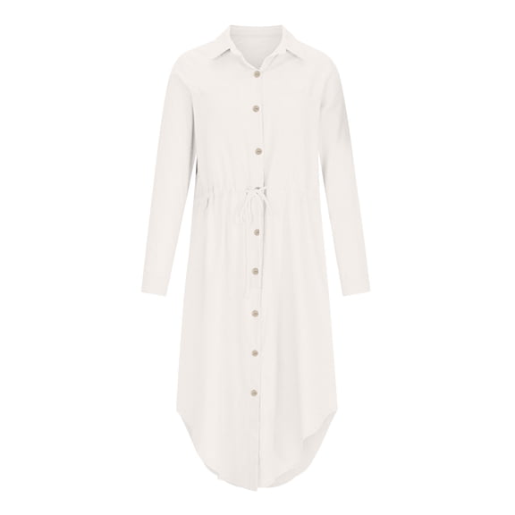 Busydd Womens Summer Dresses Cotton Linen Button Down Short Sleeve Shirt Dress Drawstring V Neck Solid Color Formal Dress Casual Tummy Control Flowy Sundress Plus Size S-5XL