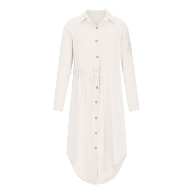 Pisexur Womens Summer Dresses 2024 Cotton Linen Button Down Short Sleeve Shirt Dress Drawstring V Neck Solid Color Formal Dress Casual Tummy Control Flowy Sundress Plus Size S-5XL