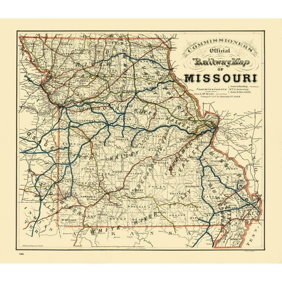 Railroad Map - Missouri Railroad - Higgins 1888 - Vintage Wall Art