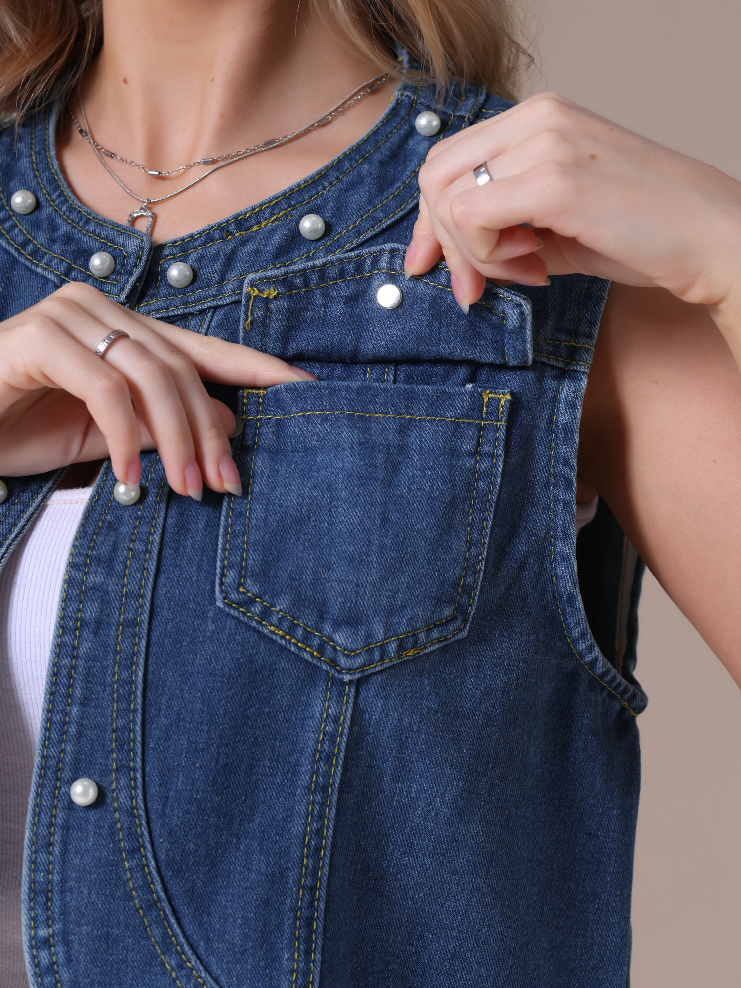 DARING DIVA Women's Sleeveless Denim Vest with Pearl Embellishments M Blue