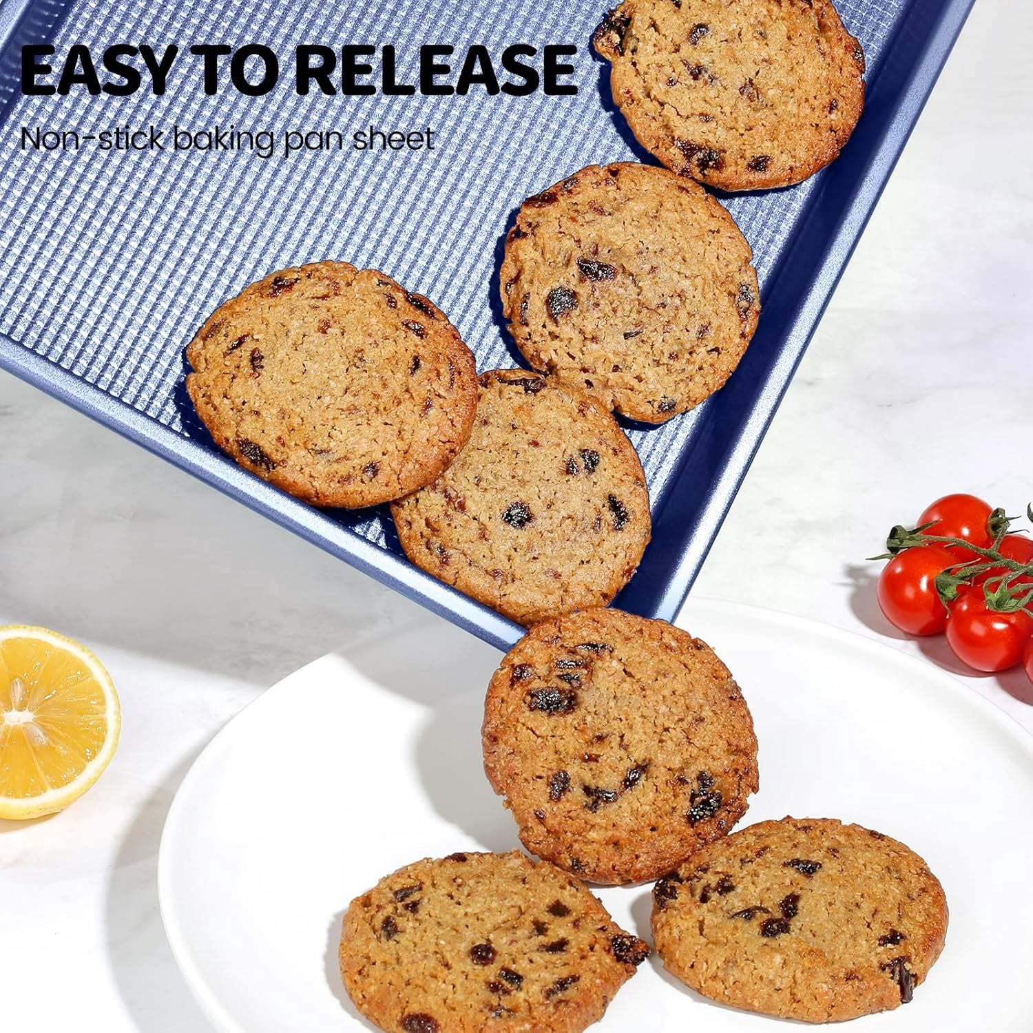 Vinino Baking Sheet Set of 3, Cookie Sheets For with Square Texture Pattern, Thicker Carbon Steel Non-stick Pan Half/Quarter/Jelly Roll Pans Tray for Oven-Blue