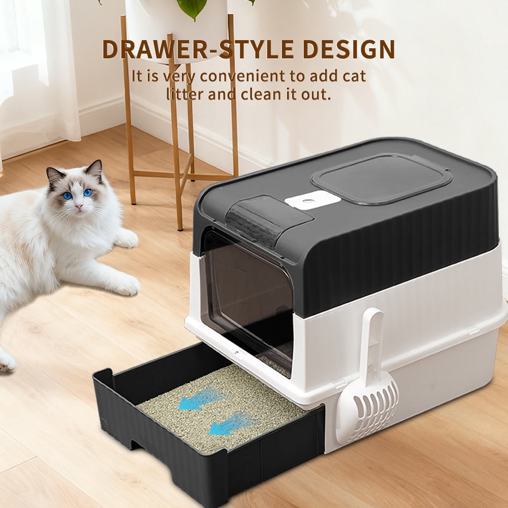 Fully Enclosed Cat Litter Box + Mat, Black/20.5*13.8in
