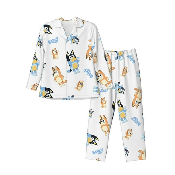 Johaoi Bluey Print Pajama Set Men Long Sleeve Sleepwear Button Down Loungewear Pj Set with Long Pants-Small