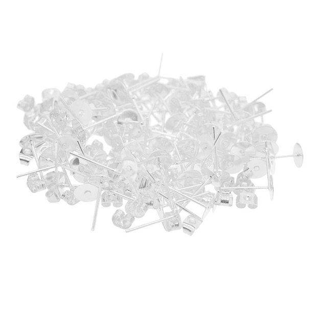 100 Juegos de de Pendientes de Hierro de 6mm, Almohadilla de Poste Plana con Fornituras, Respaldos de Pendientes para Fabricación de Pendientes Blanco plateado Macarena Postes y respaldos de aretes