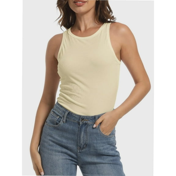 Women's Crewneck Racerback Ribbed Tank Tops Summer Basic High Neck Sleeveless Slim Fit Crop Tops
