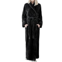 Homgro Women's Plush Long Robe Soft Cozy Long Sleeve Full Length Fuzzy Fleece Bathrobe Spa Hot Tub Hotel Bath Belted Winter Fluffy Maternity Warm Kimono Pocket Black Small-Medium