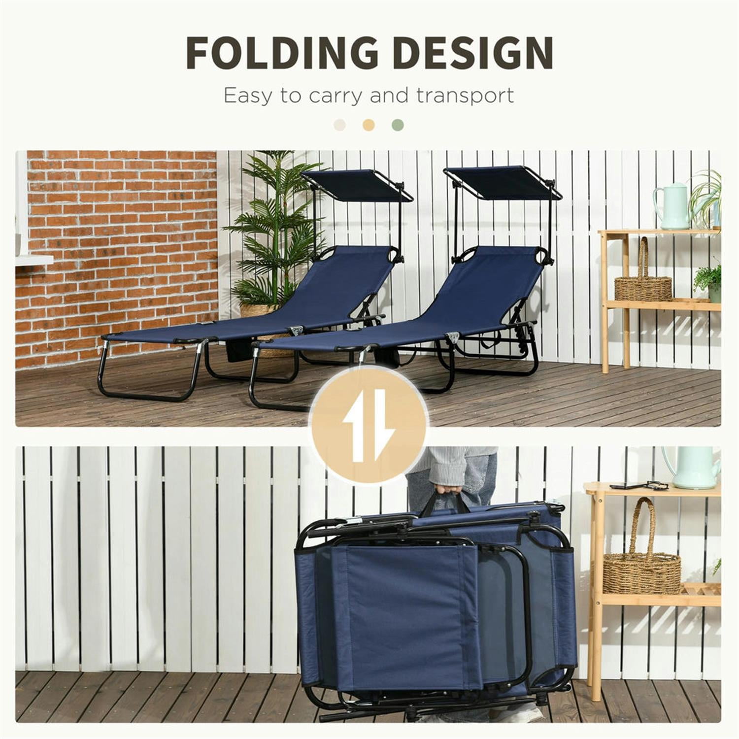 Demi Bonn Outdoor Folding Chaise Lounges Set of 2 with Canopy, Steel Frame, Side Pockets, Reclining Sun Chairs for Beach, Yard, Patio, Blue